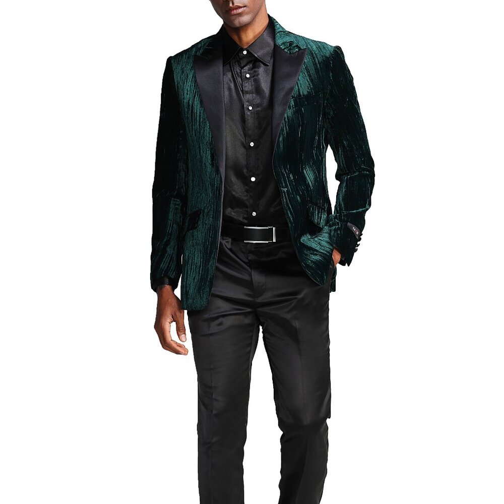Green Crushed Velvet Black Satin Peak Lapel Men's Jacket